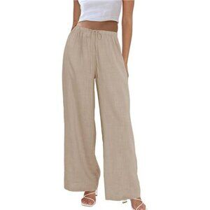Womens Cotton Linen Palazzo Pants Wide Leg Drawstring Elastic Waist Pants
